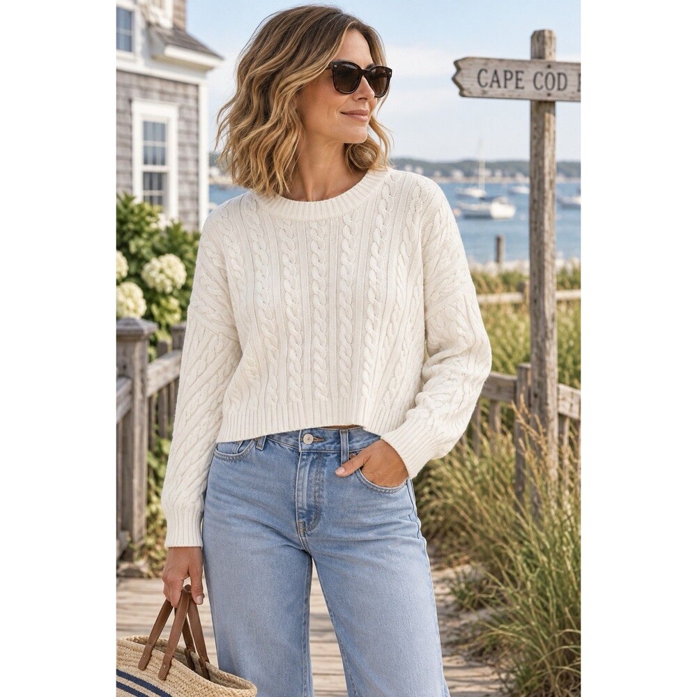 JON ANNA XL Cream Cable Knit Cropped Sweater Oversized Cozy Coastal Pullover Top